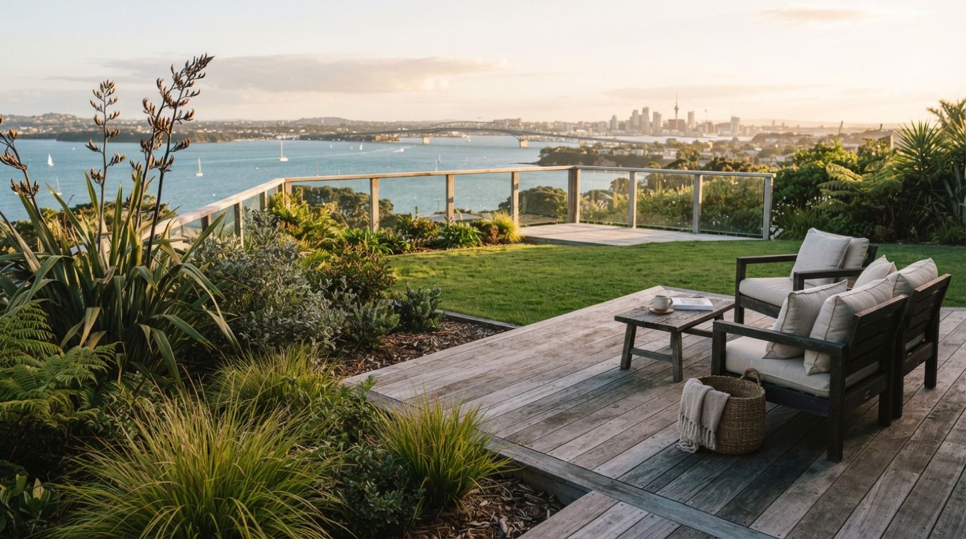 A finished native garden and deck at golden hour